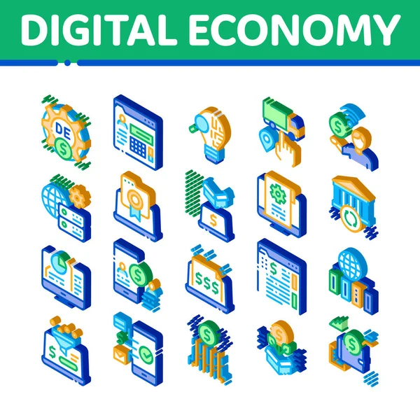 Conjunto Iconos Economía Digital Negocio Electrónico Vector Economía Digital Isométrica — Vector de stock