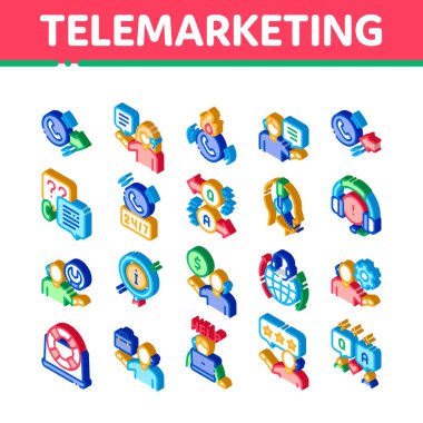 Tele-pazarlama Satış Simgeleri Ayarlama Vektörü. Isometric Telemarketing Yardım ve Bilgi Araştırma, Operatör ve Müşteri Resimleri