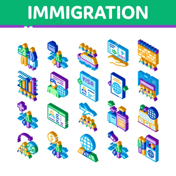 Immigration Refugee Icons Set Vector Isometrische Einwanderungsperson Mit Gepäck Reisepass — Stockvektor