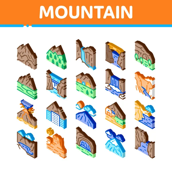 Ikony Górskiego Krajobrazu Ustaw Wektor Izometryczny Las Camping Górach Wulkan — Wektor stockowy