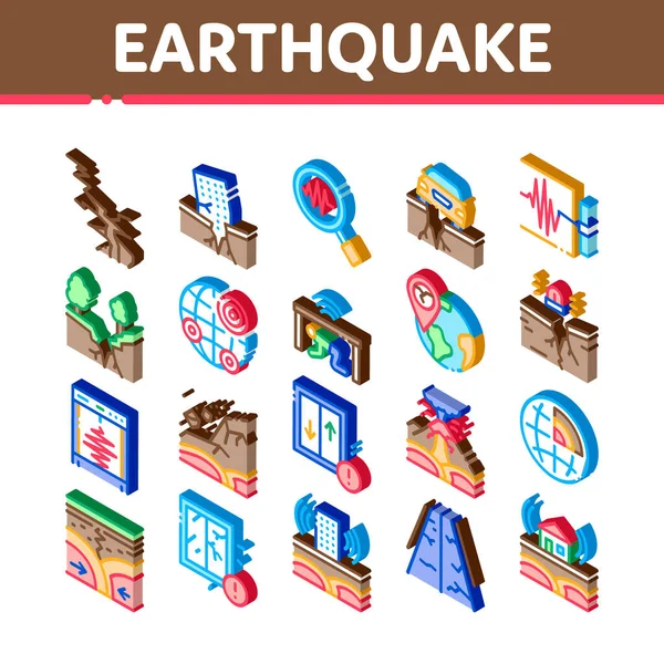地震灾害图标设定矢量 等距建筑和道路毁坏 石头坍塌和地震灾害图解 — 图库矢量图片