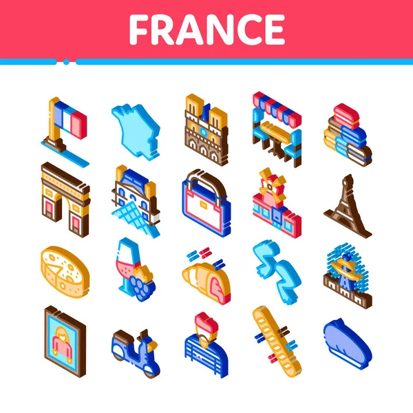 法国乡村旅行图标设定向量 等距法国国旗和胜利拱门 埃菲尔铁塔和红磨坊 奶酪和羊角图案 — 图库矢量图片