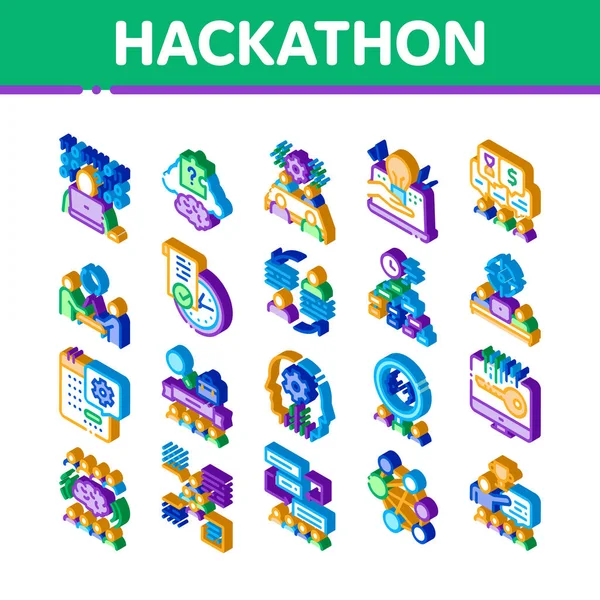 Hackathon Utveckling Ikoner Set Vektor Isometrisk Hackathon Företag Utvecklare Kodning — Stock vektor