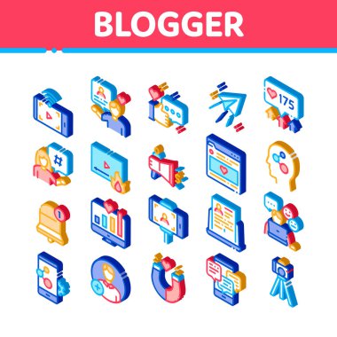 Blogger İnternet Sosyal Kanal Simgeleri Vektörü Ayarladı. Isometric Blogger Web Sitesi, Fotoğraf Makinesi, Zil, Hoparlör ve Mıknatıs Resimleri