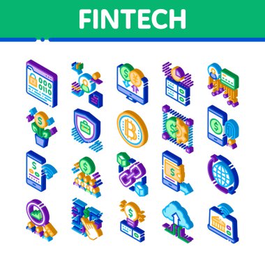 Fintech İnovasyon Simgeleri Vektörü Ayarladı. Isometric Bitcoin Finansal Teknoloji, İkili Kod ve Elektronik Takas, Wifi Smartphone Fintech Çizimleri