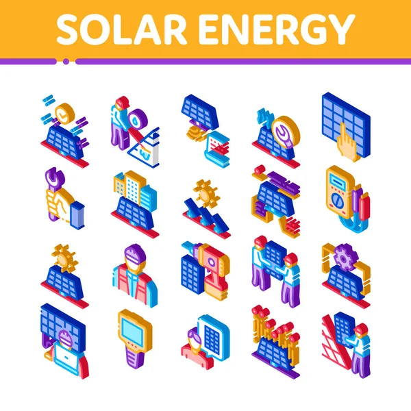 Solar Energy Technicians Icons Set Vector Batería Panel Energía Solar — Vector de stock