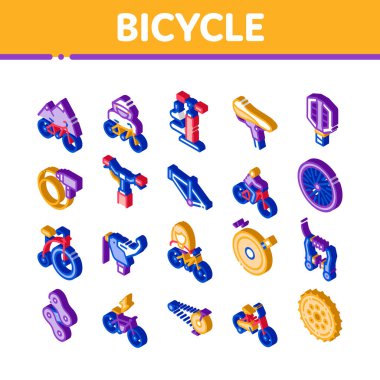 Bisiklet Bisikleti Ayrıntıları Simge Ayarlama Vektörü. Isometric Dağ Bisiklet Tekerleği ve Koltuk, Fren, Çerçeve, Zincir ve Pompa Eşyalar