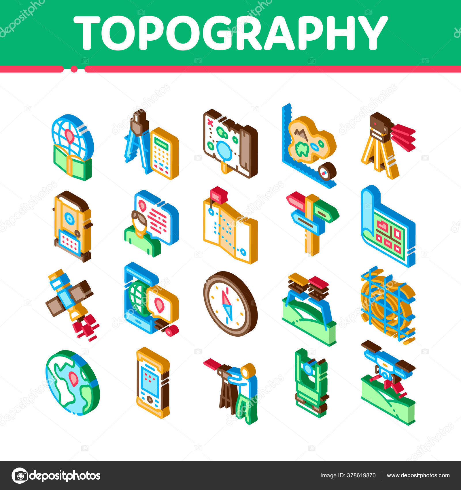 Topography Research Icons Set Vector Изометрическое.