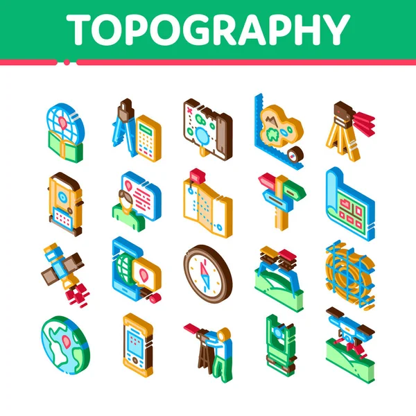 Topografie Onderzoek Iconen Set Vector Isometrische Topografie Apparatuur Apparaat Kompas — Stockvector