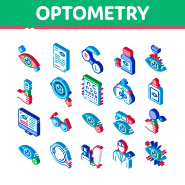 Optometri Tıbbi Yardım Simgeleri Vektörü Ayarla. Isometric Optometri Doktoru Ekipmanı ve İlaçlar Şişe, Göz damlası ve Gözlük, Araştırma ve Sağlık Çizimleri
