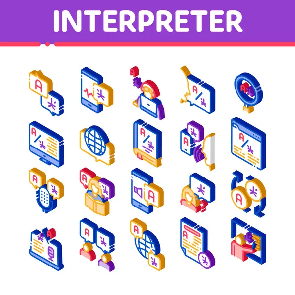 Intérprete Traductor Iconos Set Vector Intérprete Isométrico Smartphone Sitio Web — Archivo Imágenes Vectoriales