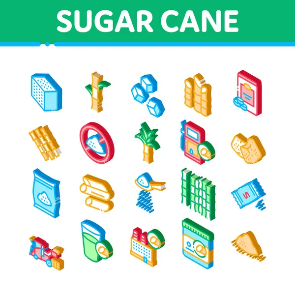 Sugar Cane Agricultura Ícones Set Vector Cubos Açúcar Isométricos Pacote — Vetor de Stock