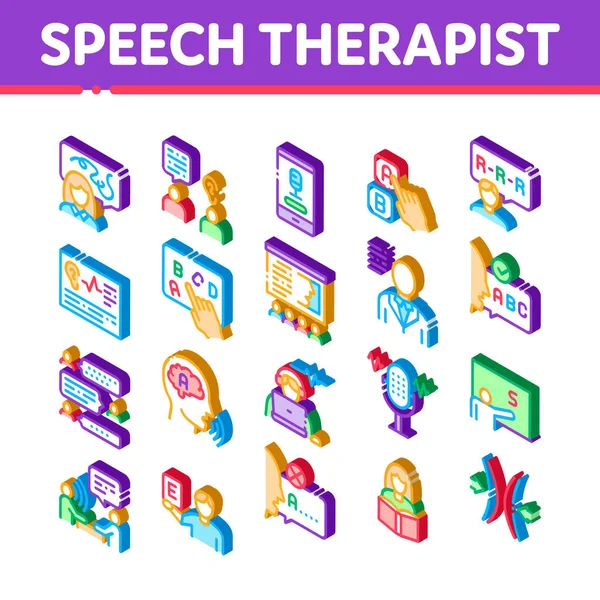 Speech Therapist Help Icons Set Vector Terapia Isométrica Del Fonoaudiólogo — Vector de stock