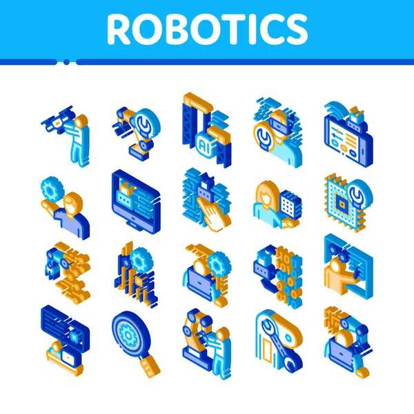 Робототехника Master Icons Set Vector Изометрический Человек Дроном Робот Машиной — стоковый вектор