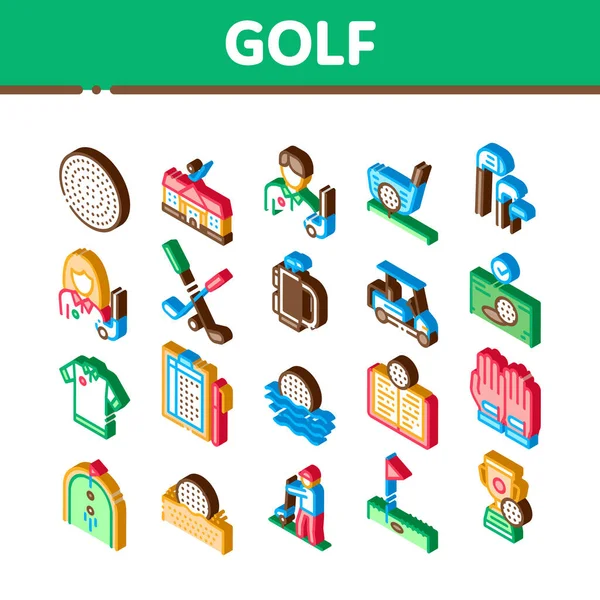 高尔夫游戏设备图标设置向量 等距高尔夫俱乐部建筑及球推杆 球车及场地 球员及冠军杯图解 — 图库矢量图片