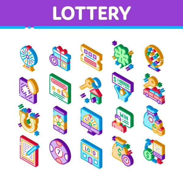 Jeu Loterie Icônes Set Vecteur Loterie Victoire Humaine Isométrique Chèque — Image vectorielle