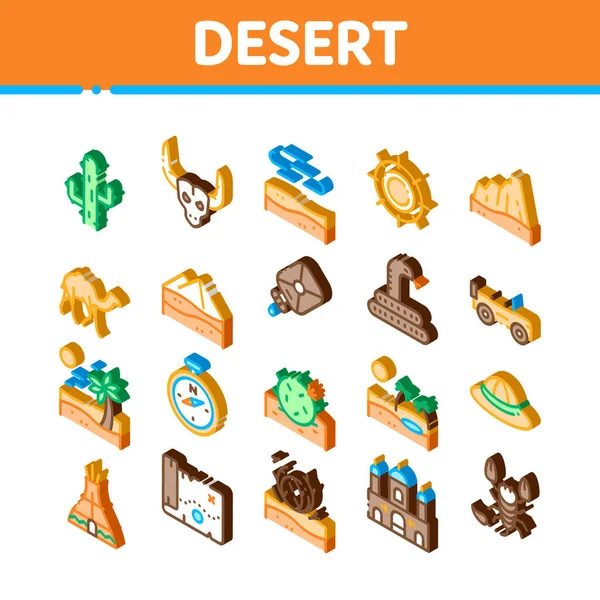 Desert Sandy Landscape Icons Set Vector Duna Arena Isométrica Del — Vector de stock