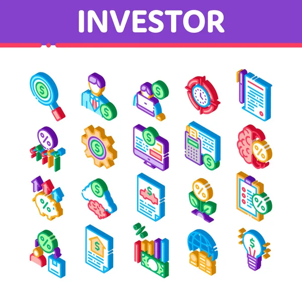 Investidor Ícones Financeiros Set Vector Investidor Isométrico Com Dólar Dinheiro — Vetor de Stock