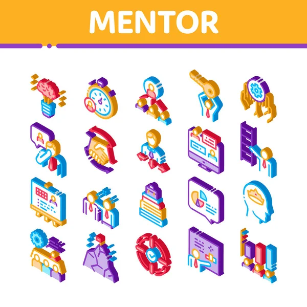 Mentor Relationship Icons Set Vektor Isometrischer Mensch Mit Schlüssel Und — Stockvektor