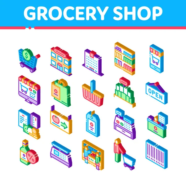 Grocery Shop Shopping Icons Set Vector Isometric Internet Grocery Shop — Stock Vector