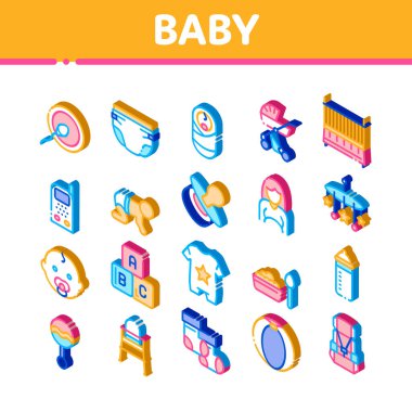 Bebek Giysileri ve Araç Simgeleri Vektörü Ayarladı. Isome 'lı Bebek ve Hamile Kadın, Bebek Arabası ve Bebek Bezi, Oyuncaklar ve Meme Resimleri