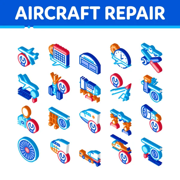 Uçak Tamir Aracı Simgeleri Vektör Ayarlandı. Isometric Uçak Motoru, Chassis, Helikopter ve Uçak, Usta ve Hangar Resimleri