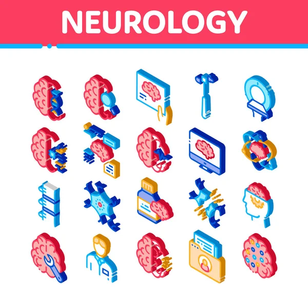 Icone Medicina Neurologica Set Vector Apparecchiature Neurologia Isometrica Neurologo Cervello — Vettoriale Stock