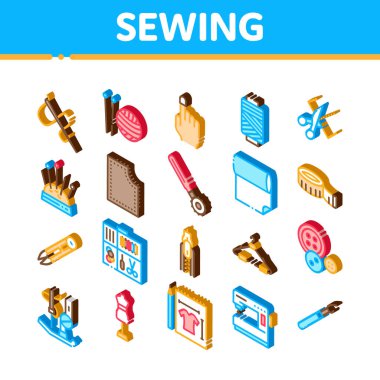 Dikiş ve Dikiş Simgeleri Vektörü Ayarladı. Isome Dikiş Şırıngası ve Ölçüsü, Manken ve Bobbin, Düğme ve Kumaş Resimleri
