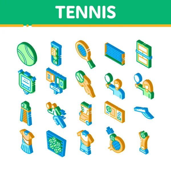 Juego Tenis Iconos Set Vector Raqueta Isométrica Campo Tenis Copa — Vector de stock