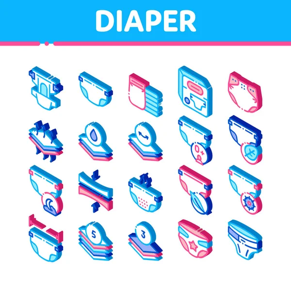 新生儿用的尿布设定病媒 具有液滴和叶滴 多层和舒适图解的儿童等距尿布 — 图库矢量图片