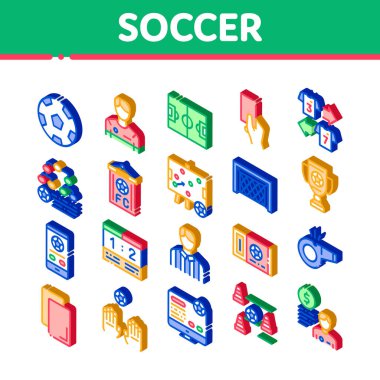 Futbol Maçı Simgeleri Set Vektörü. Isometric Futbol Topu, Oyuncu ve Arabulucu Adam Silueti, Kupa ve Islık Çizimleri