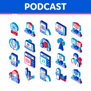 Podcast ve Radyo Simgeleri Vektörü Ayarladı. Isometric Internet Global Canlı Yayın Podcast, Kulaklıklar, Mikrofon ve Anten Resimleri