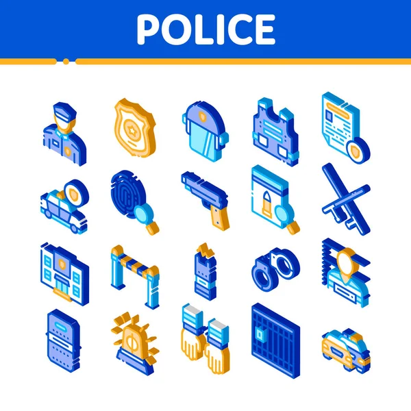 Police Department Icons Set Vector Isometrische Silhouette Eines Polizisten Polizeiabzeichen — Stockvektor