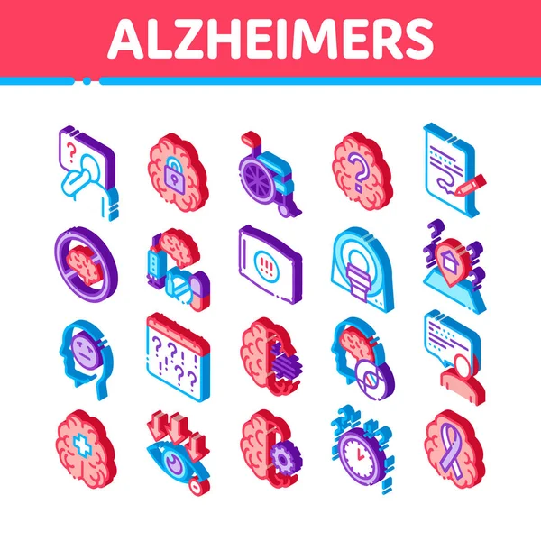 Ikony Choroby Alzheimera Ustawione Wektor Izometryczny Mózg Narkotyki Wózek Inwalidzki — Wektor stockowy