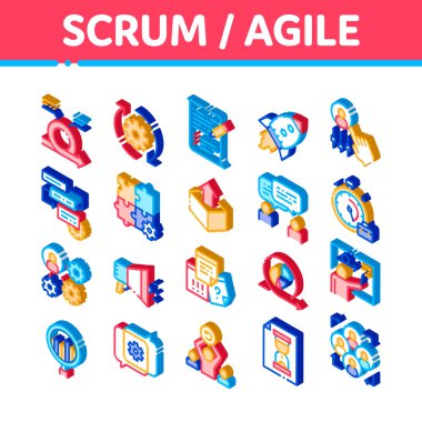 Scrum Agile Elementleri Vektör Simgeleri Ayarlandı. Isome Agile Roket, Belge Dosyası, Vites ve Paket, Hoparlör ve İzleme Çizimlerini Durdur