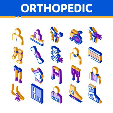 Ortopedik Elementler Vektör Simgeleri Ayarlandı. Isometric Ortopedik ve Travma Rehabilitasyonu, Servikal Tasma ve Yürüyenler Piktogram Tasması. Tıbbi Rehabilitasyon Malzemeleri