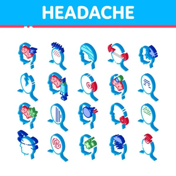 Headache Elements Vector Icons Set Isometric Tension Cluster Headache Migraine — Stock Vector