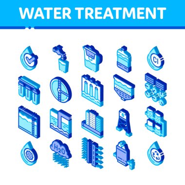 Su Tedavi Öğeleri Vektör Simgeleri Ayarlandı. Isometric Filtresi ve Temizleme Sistemi Su arıtma elementleri Mikrop Mikropları Piktogramlarından. Yağmur Bulutu ve Pompa İstasyonu Resimleri
