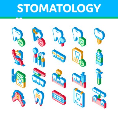 Stomatoloji Vektör Simgeleri Ayarlandı. Isometric Stomatology Dişçi Ekipmanı ve Sandalyesi, Sağlıklı ve Sağlıksız Diş Piktogramları. Çene protezi, Enjeksiyon Anestezi Çizimleri