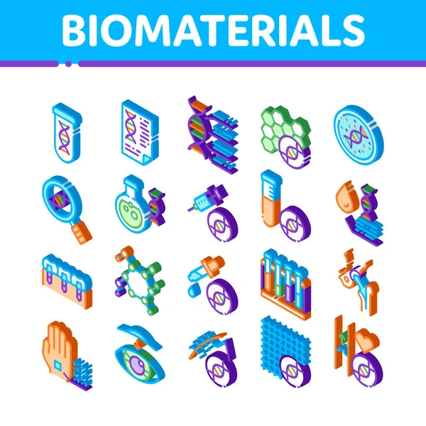 Biomateriales Elementos Conjunto Iconos Vectoriales Biología Isométrica Frascos Científicos Bioingeniería — Archivo Imágenes Vectoriales