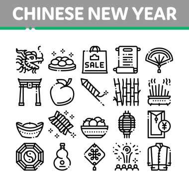Çin Yeni Yıl Şölen Koleksiyonu Simgeleri Vektörü Ayarladı. Geleneksel Çin Şapkası ve Kıyafetleri, Ejderha ve Kapı, Fener ve Havai fişekler Çizgisel Piktogramlar. Tek Renkli Katılım Çizimleri