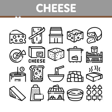 Peynirli Süt Ürünleri Toplama Simgeleri Vektörü Ayarla. Dilimlenmiş Ekmek Sandviçi 'nde Peynir ve Sütlü Ürün Parçası, Öğütücü ve Doğrusal Piktogram Tahtası. Tek Renkli Katılım Çizimleri