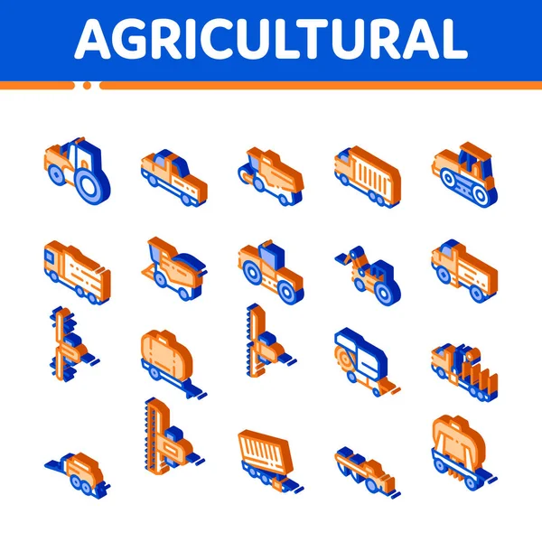 Векторні Ікони Створені Сільськогосподарськими Машинами Isometric Agricultural Transport Harvesting Machinery — стоковий вектор