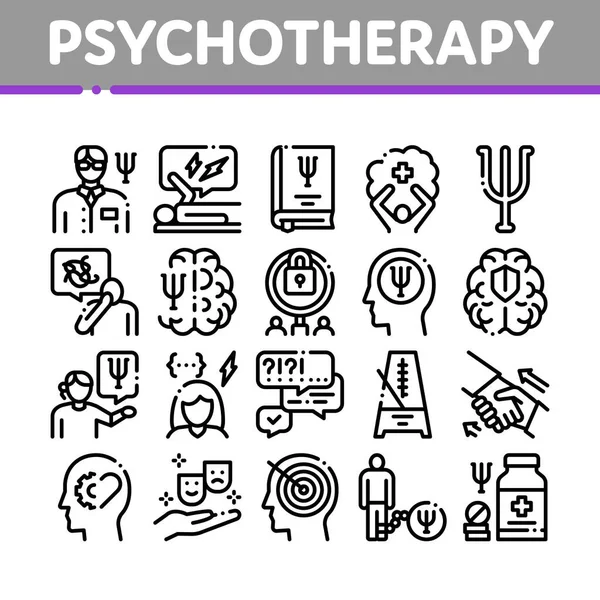 Psicoterapia Aiuto Collezione Icone Set Vettoriale Stretta Mano Cervello Psicoterapeuta — Vettoriale Stock
