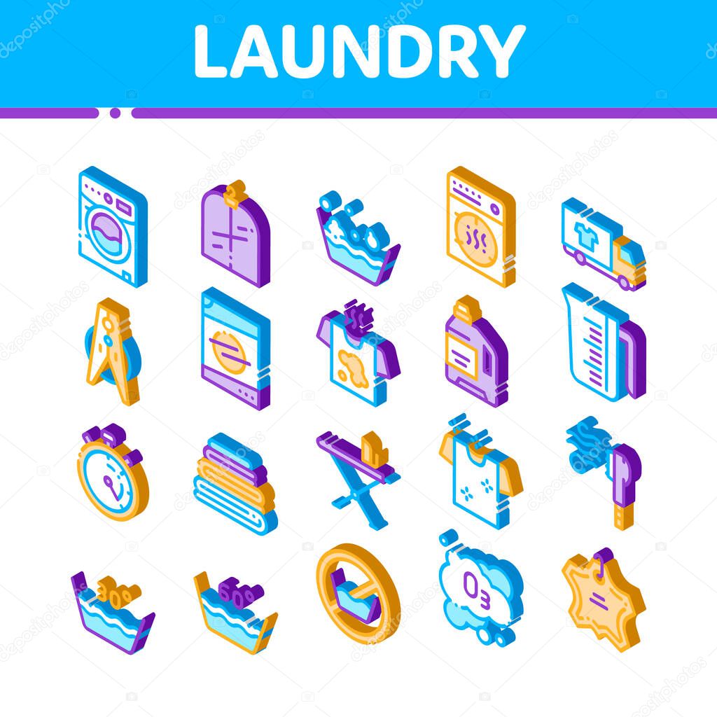 Laundry Service Vector Icons Set. Isometric Laundry Service, Washing Clothes Pictograms. Laundromat, Dry-Cleaning, Launderette, Stain Removal, Ironing Illustrations