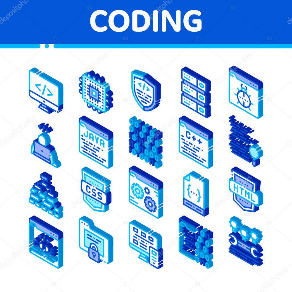 Coding System Vector Icons Set. Isometric Binary Coding System, Data Encryption Pictograms. Web Development, Programming Languages, Bug Fixing, HTML, Script Illustrations