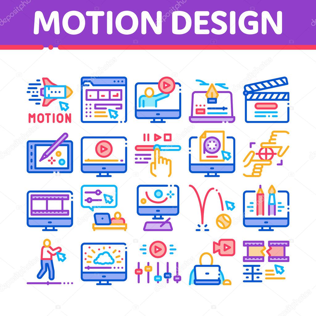 Motion Design Studio Collection Icons Set Vector. Movie Motion Redactor Programme On Computer Screen And Video Player, Filmstrip And Clipboard Linear Pictograms. Color Illustrations