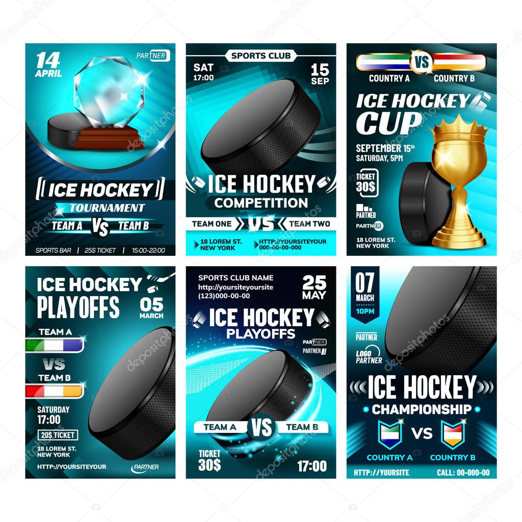 Hockey Ice Rink Sport Promo Posters Set Vector. Playing Puck And Hockey Stick Sport Equipment Collection On Different Creative Advertising Banners. Booklets Concept Template Illustrations