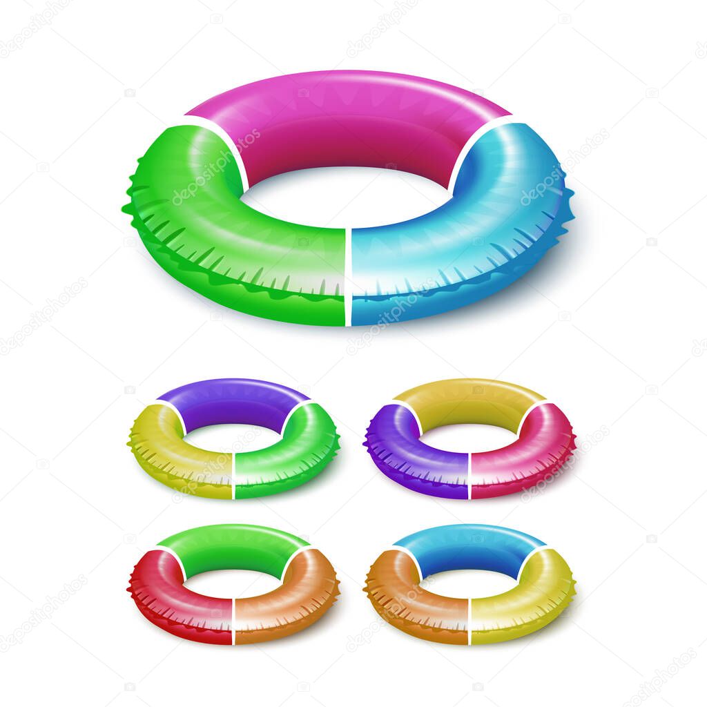 Lifebuoy Children Life Saver Equipment Set Vector. Collection Of Life Safety Tool For Safety Swimming In Pool Or Sea. Survival Round Lifebelt Lifeguard Device Layout Realistic 3d Illustrations