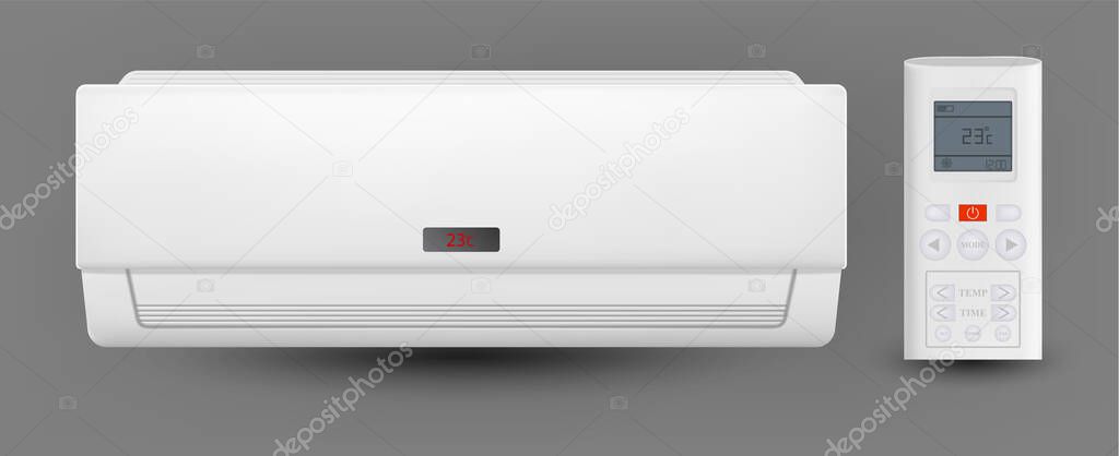 Air Conditioner System With Remote Control Vector. Cooling And Heating Block Of Conditioner For House Or Office. Climate Electronic Technology Equipment Template Realistic 3d Illustration